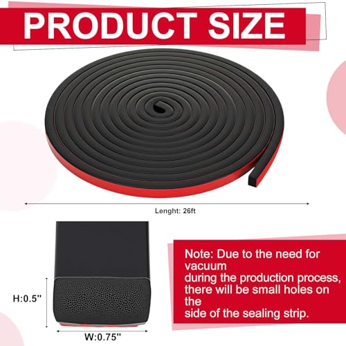 Pangda 26 Ft Rectangular Rubber Seal Strip with Self-Adhesive Tape, 0.75" W x 0.5" H Foam Rubber Weather Stripping for Boat, Automobile, RV, Ship, Garage Door/Window Seal, Black (Solid) - size: L:26ft, W:0.75" X H:0.5", style: Solid