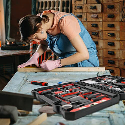 120 Piece Basic Tool Set General Household Hand Kit with Plastic Toolbox Storage Case Red & Black for Men &Women - style: 120Pcs(Red)