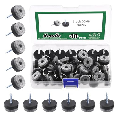 Keadic 40Pcs 4/5"(20mm) Screw-on Furniture Felt Pads Bulk Set, Round Slider Glide Floor Protector for Wooden Furniture Chair Tables Leg Feet (Black) - size: 4/5"(20mm)
