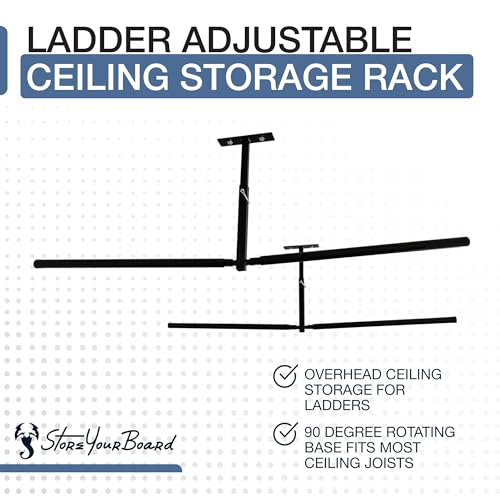 StoreYourBoard Adjustable Overhead Ladder Rack – Garage Organizer Ladder Shelf for Step & Extension Ladders - Storage Racks and Shelving for Garage Organization - Ceiling Mounted - Holds 150 lbs - size: Full