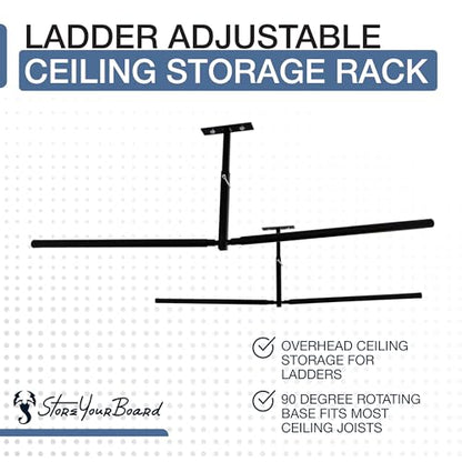 StoreYourBoard Adjustable Overhead Ladder Rack – Garage Organizer Ladder Shelf for Step & Extension Ladders - Storage Racks and Shelving for Garage Organization - Ceiling Mounted - Holds 150 lbs - size: Full