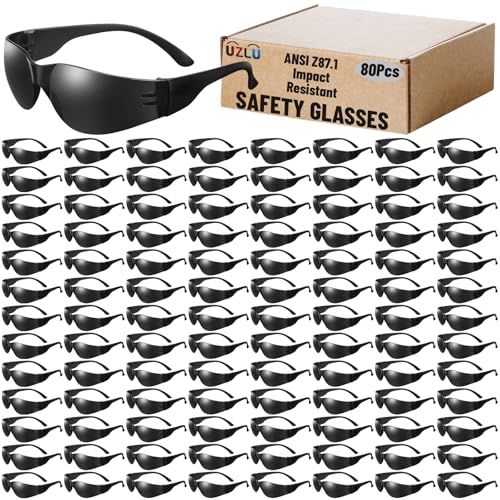 80 PCS Safety Glasses Bulk Unisex Black Tinted Anti-Scratch UV Protective Goggles Impact Resistant Lens Eyewear with ANSI Z87.1, Ploycarbonate Safety Sunglasses for Construction, Outdoor Work Shooting - color: Black-80 Pcs, size: Wide temples
