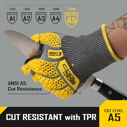 COOLJOB A5 Cut Resistant Gloves with Impact Resistant TPR, Touchscreen Nitrile Dipped Safety Work Gloves with Grip, 1/3 Pair - color: Yellow (1 Pair), size: Small