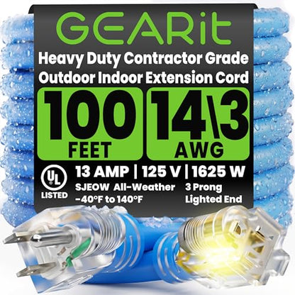 GEARit 100 ft Outdoor Extension Cord 14/3 Gauge SJEOW 14 AWG, 3-Prong Heavy Duty Power Cable with Lighted End, 15A 125V 1875W, Waterproof Cord for Tools, Lawn & Garden, Blue - size: 14 AWG Gauge, style: 100 Feet (SJEOW Rated)