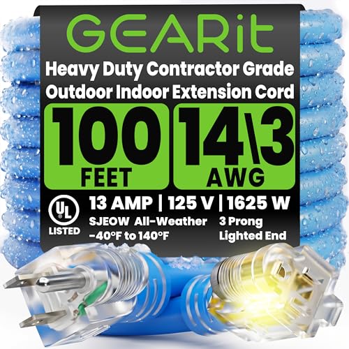 GEARit 100 ft Outdoor Extension Cord 14/3 Gauge SJEOW 14 AWG, 3-Prong Heavy Duty Power Cable with Lighted End, 15A 125V 1875W, Waterproof Cord for Tools, Lawn & Garden, Blue - size: 14 AWG Gauge, style: 100 Feet (SJEOW Rated)