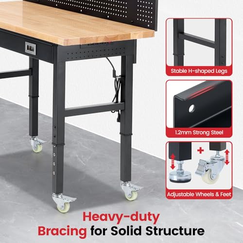 ENJOYWOOD 60" x 22" Heavy Duty Workbench Adjustable Height Garage Work Table with Solid Rubberwood Top, Wheels, Drawers, Pegboards & Power Outlets for Workshop, Home & Office - size: 60 Inch