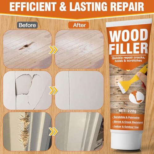Wood Filler,220g Paintable & Sandable Wood Putty –Low Odor, Shrink & Crack Resistant-Quick Repair for Cracks, Holes and Damage-For Indoor & Outdoor Wood Repair(White)