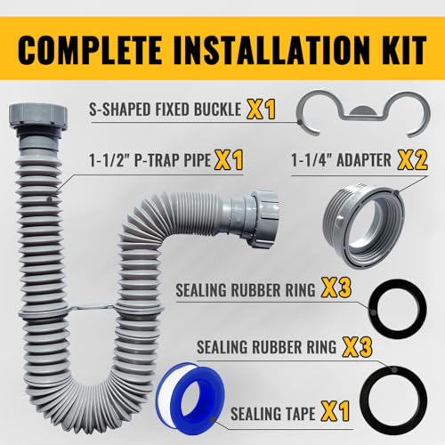 VIVIDA Sink Drain Pipe P Trap 1-1/2", Expandable Flexible Drain Pipe, 11"-31.5" Sink P Trap Kit for Kitchen, Bathroom, Restroom, 1-1/4" Adapter Included, Gray, 1 PACK - color: Gray, size: 11" to 31.5"