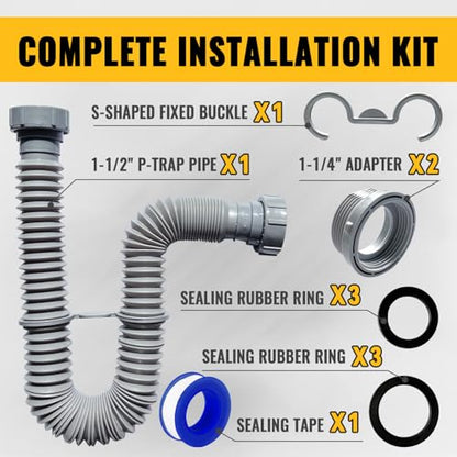 VIVIDA Sink Drain Pipe P Trap 1-1/2", Expandable Flexible Drain Pipe, 11"-31.5" Sink P Trap Kit for Kitchen, Bathroom, Restroom, 1-1/4" Adapter Included, Gray, 1 PACK - color: Gray, size: 11" to 31.5"