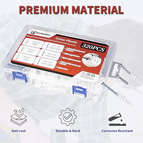 320Pcs Self Drilling Drywall Anchors and Screws Kit, 3 Sizes Nylon Wall Anchors for Hollow Walls, No Pre-Drilling Required, Holds Up to 75lbs (160 Anchors + 160 Screws)