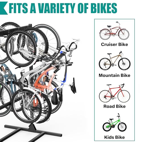 EVERHANGER Freestanding Bike Stand Rack with Adjustable Hooks, Vertical Bike Stand for Garage, Bicycle Storage Organizer, Holds Up to 7 Bikes & 7 Helmets - style: 7 Bike & 7 Helmet Hooks