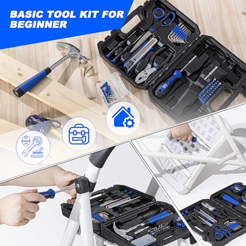 Prostormer 93-Piece Tool Kit, Basic Household Repair Tool Set with Toolbox Storage Case, Small Starter Tool Box Kit for Homeowners and College Students (Blue) - color: Blue