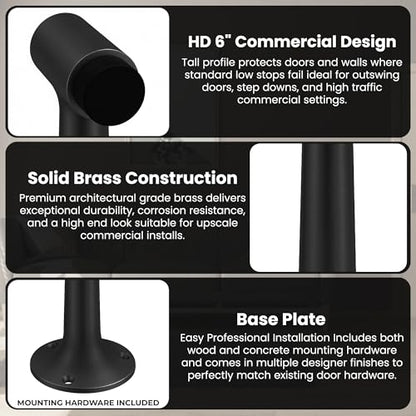 Heavy Duty 6″ Door Stop, Solid Brass Commercial Grade, Floor Mount Stopper (Matte Black) - color: Matte Black