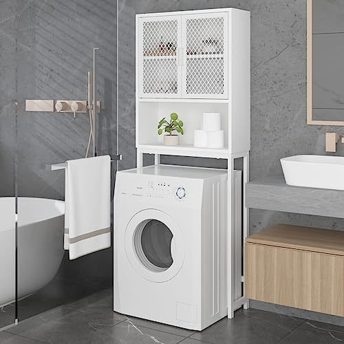 Launica Over The Toilet Storage, Industrial Bathroom Organizer Over Toilet, Freestanding Over Toilet Bathroom Storage Cabinet with Rack, Wood Metal Bathroom Space Saver Shelf Over Toilet, White Oak - color: White Oak