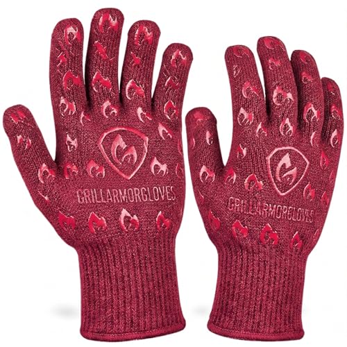 Grill Armor Oven Gloves with Fingers – 932°F Heat, Fire & Cut Resistant Mitts for BBQ, Grill, Cooking, Grilling, Baking, Smoker & Fire Pit - color: Red, size: Small Standard Cuff