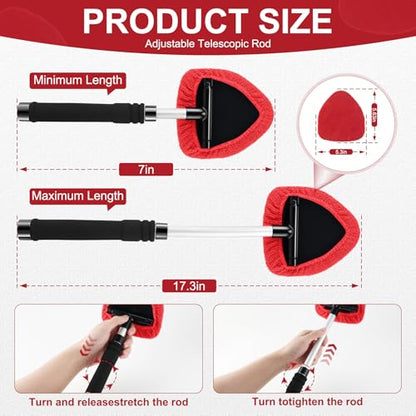 JUSTTOP Windshield Cleaner Tool, Car Interior&Exterior Window Cleaning Tool with Extendable Handle & 4 Reusable Microfiber Pads, Auto Glass Wiper Brush Kit for Cars (Red) - color: Red