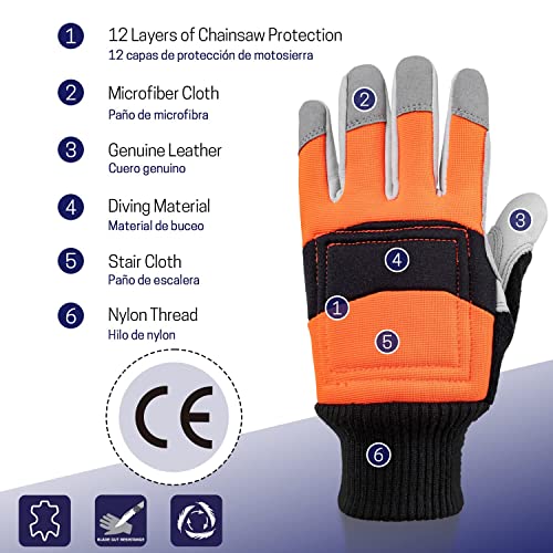 Chainsaw Safety Gloves, Chainsaw Protective Work Gloves, Cut Resistant Gloves, 12-Layer Protection on Left Hand Only - color: X-large Orange