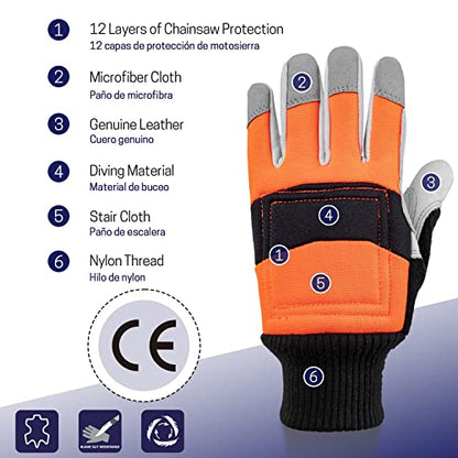 Chainsaw Safety Gloves, Chainsaw Protective Work Gloves, Cut Resistant Gloves, 12-Layer Protection on Left Hand Only - color: Medium Orange