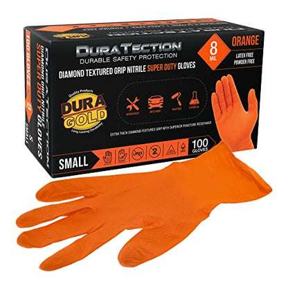 Dura-Gold Duratection 8 Mil Orange Super Duty Diamond Textured Nitrile Disposable Gloves - size: Small