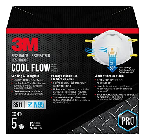 3M N95 Respirator 8511, 5 Pack, NIOSH-APPROVED N95, Features 3M COOL FLOW Exhalation Valve, Relief From Dusts & Certain Particles During Sanding, Pollen, Mold Spores, Dust Particles (8511HB2-C-PS)