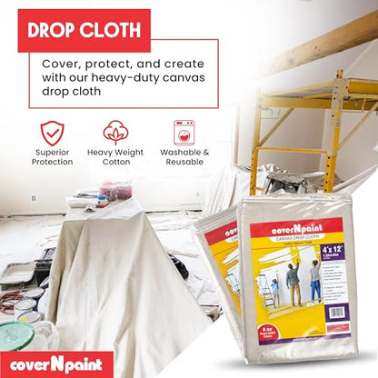 Canvas Drop Cloth by coverNpaint 4x12 (1.22X3.65 M Cut Size) Pack of 1 Reusable Paint Drop Cloth, 100% Cotton, All Purpose Painters Canvas Drop Cloth, Cover for Painter Furniture & Floor Protection