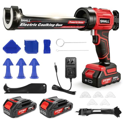 SHALL 21V Cordless Caulking Gun, Electric Caulk Gun with 2 x 2.0Ah Batteries & Silicone Finishing Tool Kit, 4 Adjustable Speeds, Anti-Drip, Fits 10oz/300ml Cartridges for Bathroom Kitchen Tile Sealing