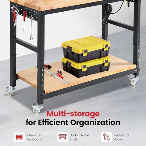 ENJOYWOOD 60" x 22" Heavy Duty Workbench with Wheels, Adjustable Height Garage Work Table with Solid Rubberwood Top, Double Layer Shelf, Sided Pegboard & Power Outlets for Home & Workshop - size: XX-Large