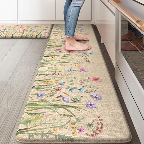 KIMODE Anti Fatigue Mats for Kitchen Floor 17"x59"+17"x29", Farmhouse Floral Kitchen Rugs, Cushioned Memory Foam Kitchen Mats, Comfort Standing Mat for Laundry, Office, Sink, Desk Brown - color: Floral/Brown, size: 17.3" x 59"+17.3" x 29"--0.47 inches