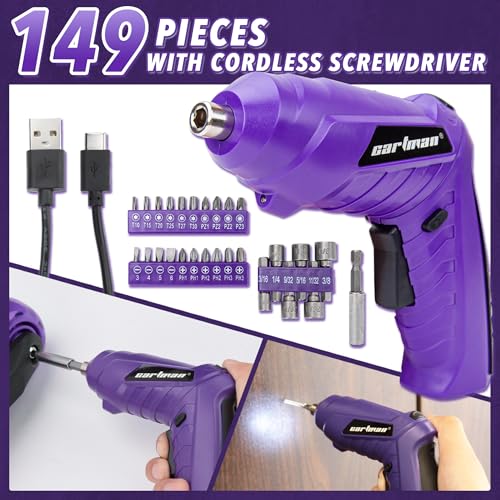 CARTMAN 149-piece Tool Set with Purple Cordless Screwdriver Essential Household Tool Box Hand Tool Kit - style: 149 PURPLE