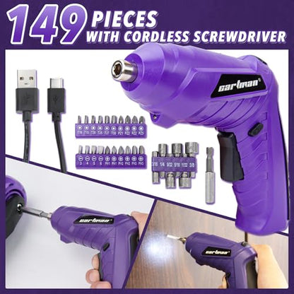 CARTMAN 149-piece Tool Set with Purple Cordless Screwdriver Essential Household Tool Box Hand Tool Kit - style: 149 PURPLE