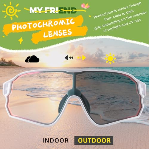 ROCKBROS Photochromic Sports Kids Sunglasses For Boys Girls Children Youth MTB Biking Sunglasses for Kids Ages 8 to 14 - color: White