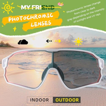 ROCKBROS Photochromic Sports Kids Sunglasses For Boys Girls Children Youth MTB Biking Sunglasses for Kids Ages 8 to 14 - color: White