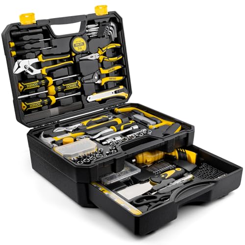 DOWELL 219-Piece Home Tool Set with 3.6V Electric Screwdriver, General Household Tool Kit in Drawer Toolbox for DIY, Furniture Assembly & Repair (Screwdriver, Hex Keys, Wrench, Hammer Included)