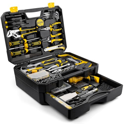 DOWELL 219-Piece Home Tool Set with 3.6V Electric Screwdriver, General Household Tool Kit in Drawer Toolbox for DIY, Furniture Assembly & Repair (Screwdriver, Hex Keys, Wrench, Hammer Included)