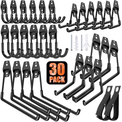30 Pack Heavy Duty Garage Hooks,Solid Steel Wall Mount Hangers,with Anti-Slip Coating,for Hanging and Organising Ladder,Bike,Ropes,Broom,Garden,Yard and Power Tools - color: 30 Pack Black
