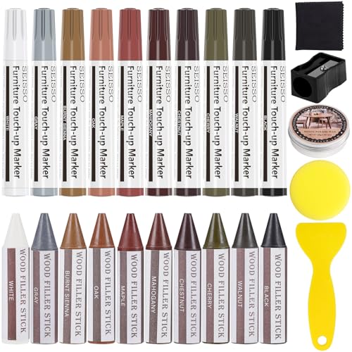 SEISSO Furniture Markers Touch Up, 25 Pcs Wood Furniture Repair Kits, Wood Markers and Wax Sticks with Wax Oil for Scratches Stains Cover-Ups Hardwood Wooden Floors Tables Cabinet Bedposts - size: 10color