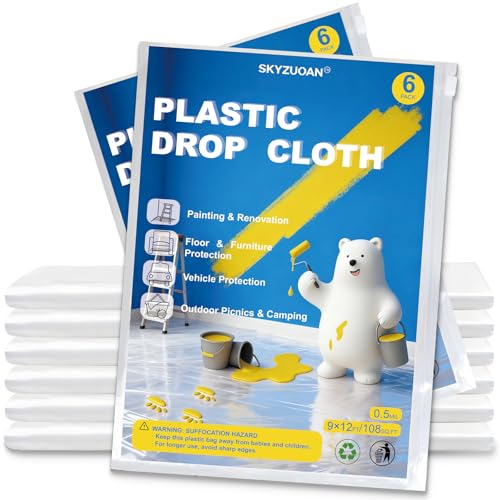 6 Pack Premium Plastic Drop Cloths for Painting, 9x12 FT Waterproof & Dust-Proof Furniture and Floor Paint Plastic Covering, Disposable Plastic Paint Tarp for DIY Projects & Home Renovations - color: 6-Pack