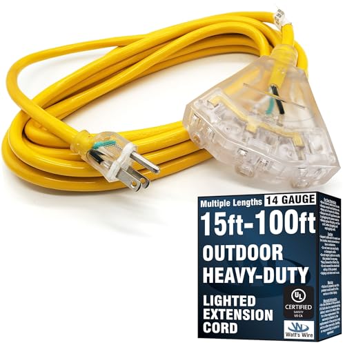 15 ft Outdoor Extension Cord Waterproof - 14 Gauge Heavy Duty Extension Cord 15 ft - Lighted Outdoor Extension Cords with Multiple Outlets - Watts Wire - 15' Grounded - extensiones electricas - size: 15 Ft