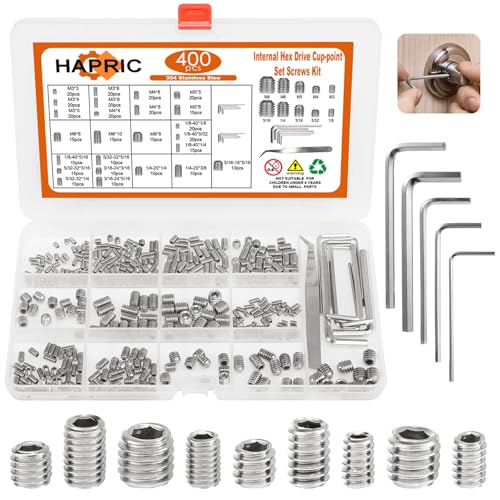 400 Pcs 25 Size Set Screws Metric&SAE Set Screw Assortment Kit 304 Stainless Steel Head Socket Metric Set Screws for Bathroom Fixtures Door Handles(M3-M8, 1/8"-40 to 5/16"-18) - color: Silver-Metric&SAE-400 Pcs