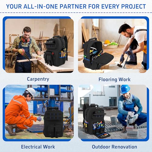 Backpack Tool Bag with Movable Base Plate, Heavy Duty Tool Storage with Removable Tool Organizer, Durable Water Resistant for Electricians & Home Repair-Version 4.0- Black&Blue - color: Black&Blue