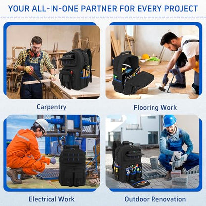 Backpack Tool Bag with Movable Base Plate, Heavy Duty Tool Storage with Removable Tool Organizer, Durable Water Resistant for Electricians & Home Repair-Version 4.0- Black&Blue - color: Black&Blue