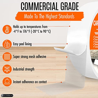 Carpet Tile Tape Double Sided 2in x 90ft - Heavy Duty Reinforced Web Mesh & Residue Free - Indoor Outdoor for Carpet Tiles, Hardwood, Vinyl, Rugs, Carpet, Rubber, Turf & Mat Gripper - size: 2 in X 90 Ft