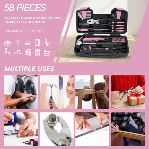 MARTCOLOR 58 Piece Household Tool Set, General Household Hand Tool Kit with Plastic Toolbox Storage Case, All Purpose Household Tool Kit for Women, Girls and Ladies, Pink - color: Pink