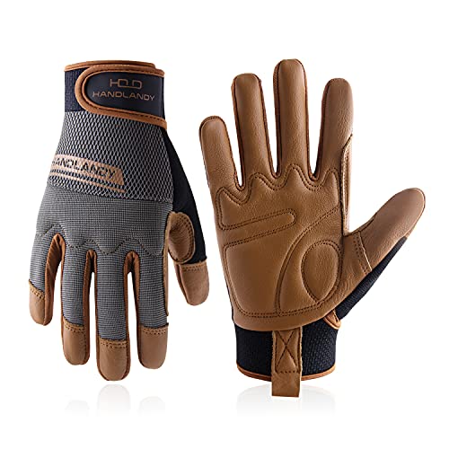 HANDLANDY Leather Work Gloves Mens & Women, Utility Safety Mechanic Working Gloves Touch Screen, Flexible Breathable Yard Work Gloves (Large, Brown-Cowhide Palm) - color: Brown (1 Pair), size: Large