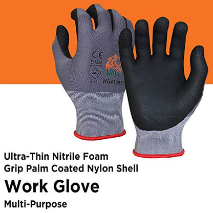 WOLF Ultra-Thin Nitrile Foam Palm Coated Glove with Tacky Dot Grip, Multi Purpose - size: Medium (Pack of 12), style: 15-gauge No Dots