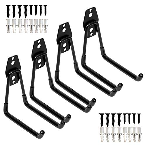 Storage Double Hooks Garage Space Saver Organizer Utility Hanger,Rack Extended Wall Mount Tool Heavy Duty Steel Holder with Anti-Slip Coating, 4 Pack 5.1" Garage Hook - color: Black, size: 5.1Inch