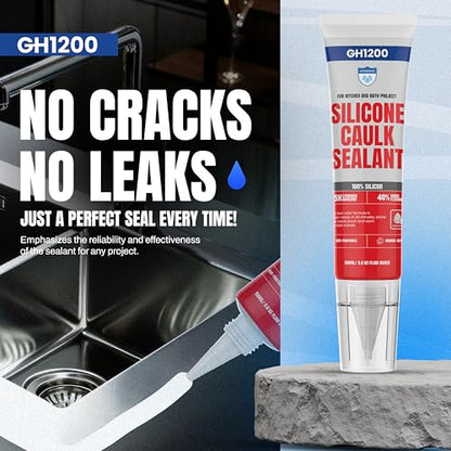 GH1200 White Silicone Sealant - 150 ML/5 FL Oz Waterproof Sealant for Kitchen & Bathroom - Shrink & Crack Proof Silicone Caulk - Indoor & Outdoor Use Sealant - Strong Formula Silicone Adhesive Tube