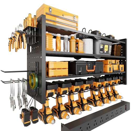 Power Tool Organizer Wall Mount with Charging Station, Heavy-Duty Metal Garage Tool Storage Rack & 8 Outlet Power Strip, 33 Inch Long 4 Tier Shelves for Workshop Organization - size: 33 Inch 4 Tier Shelves