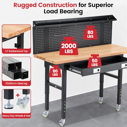 ENJOYWOOD 60" x 22" Heavy Duty Workbench Adjustable Height Garage Work Table with Solid Rubberwood Top, Wheels, Drawers, Pegboards & Power Outlets for Workshop, Home & Office - size: 60 Inch
