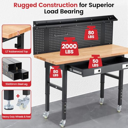 ENJOYWOOD 60" x 22" Heavy Duty Workbench Adjustable Height Garage Work Table with Solid Rubberwood Top, Wheels, Drawers, Pegboards & Power Outlets for Workshop, Home & Office - size: 60 Inch